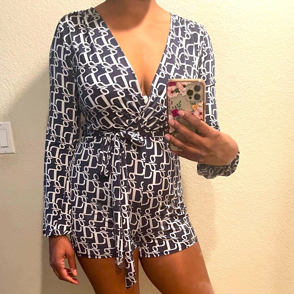 Navy blue and white, printed romper.